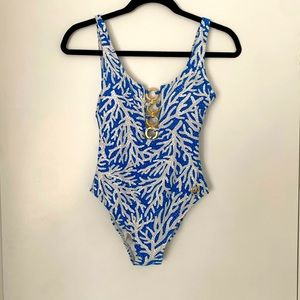 Michael Kors One Piece Blue Coral w/ Gold Embellishments- Size 4. Never Worn.